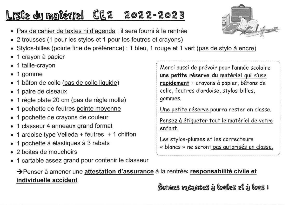 Liste fourniture CE2 2022-2023 #