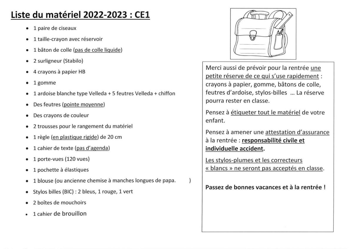 Liste fourniture CE1 2022-2023 #